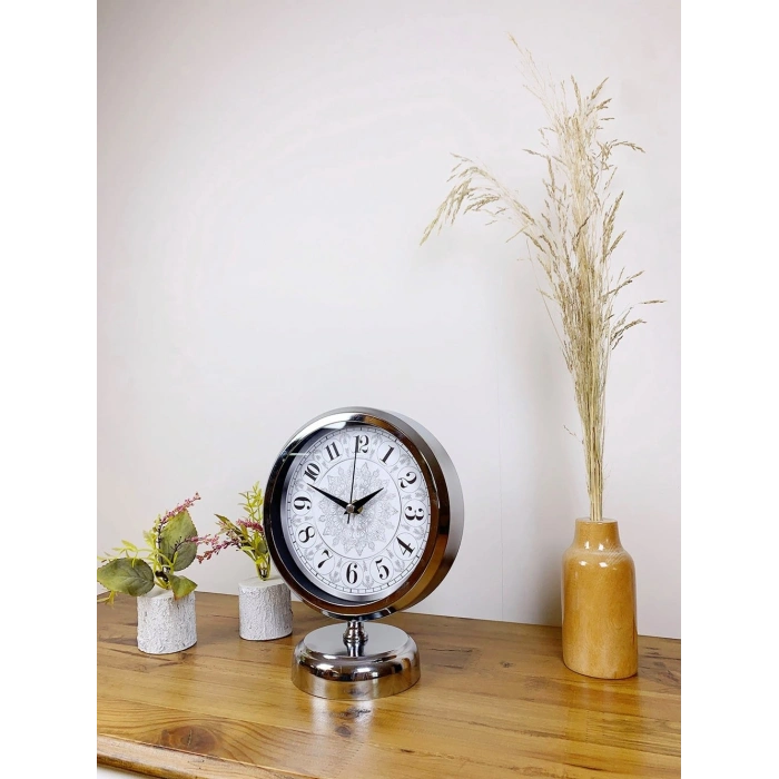 Krom Metal Çini Desen Masa Saati 25×20 cm