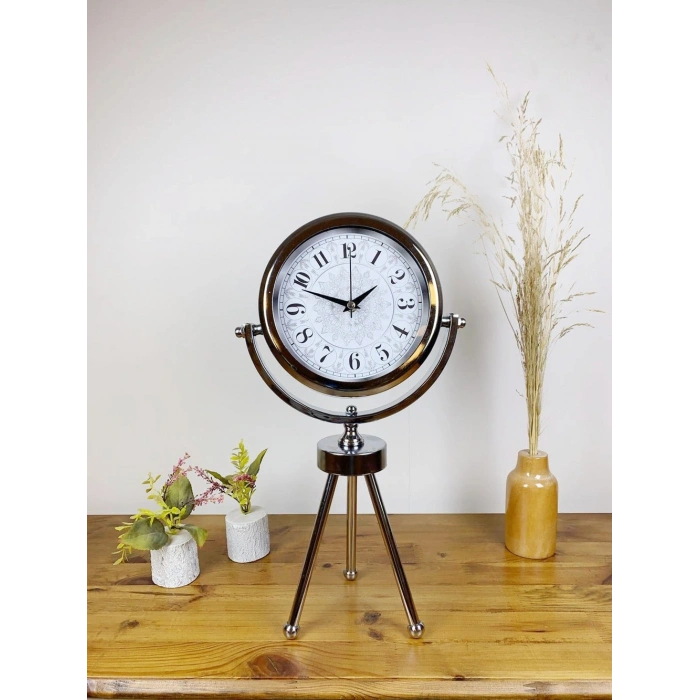 Krom Metal Mini Tripod Çini Desen Masa Saati 45×26 cm