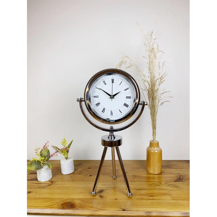 Krom Metal Mini Tripod Desenli Roma Rakamlı Masa Saati