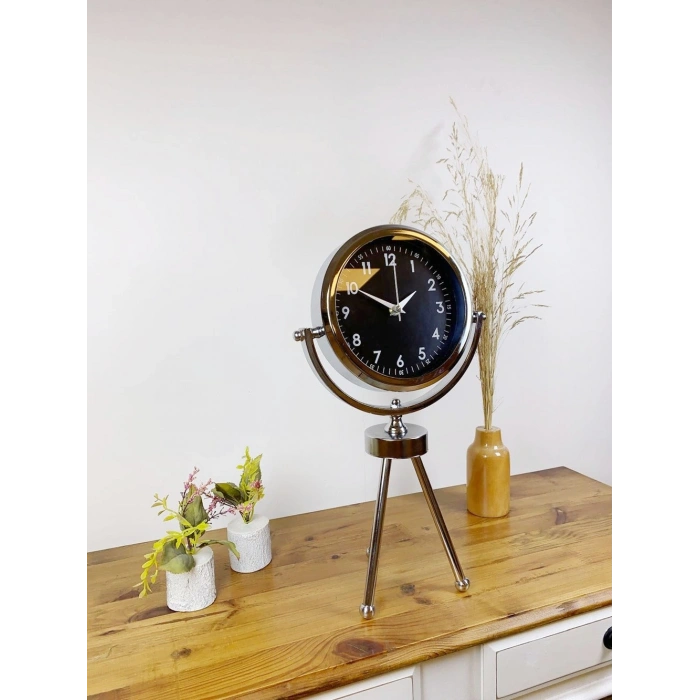 Krom Metal Mini Tripod Gece Siyahı Masa Saati 45×26 cm
