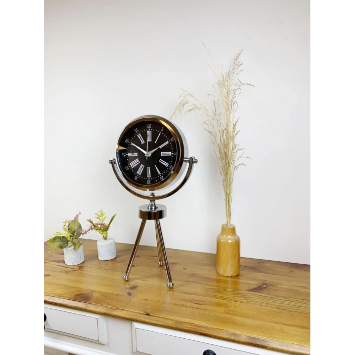 Krom Metal Mini Tripod Roma Rakamlı Masa Saati 45×26 cm