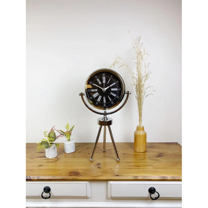 Krom Metal Mini Tripod Roma Rakamlı Masa Saati 45×26 cm