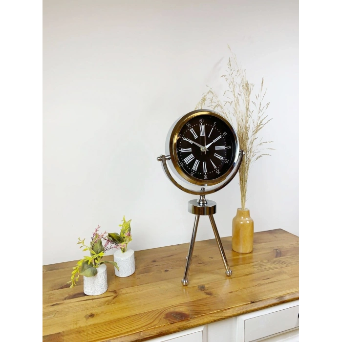 Krom Metal Mini Tripod Roma Rakamlı Masa Saati 45×26 cm