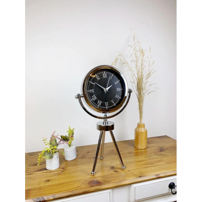 Krom Metal Mini Tripod Siyah Retro Masa Saati 45×26 cm