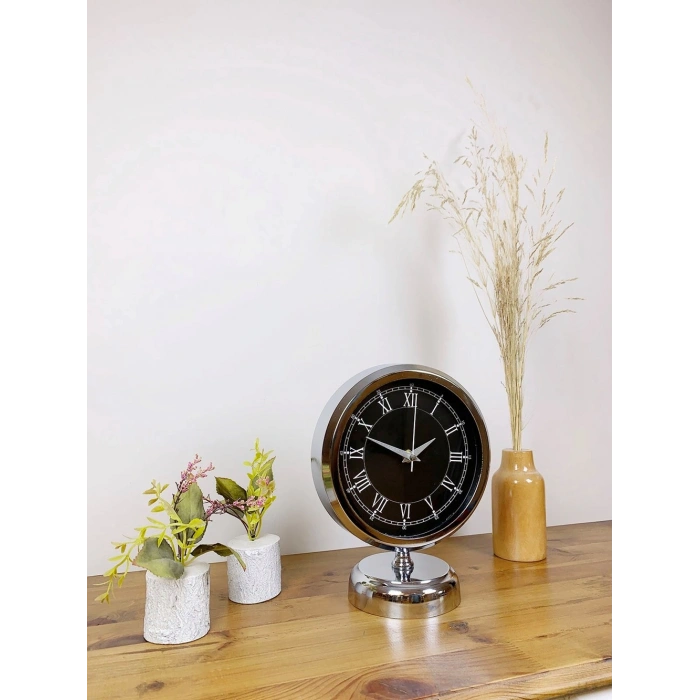 Krom Metal Siyah Retro Masa Saati 25×20 cm