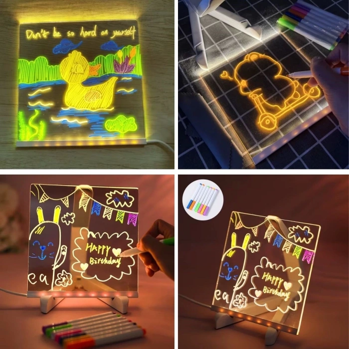 LED Işıklı Kendiliğinden Renkli Fosforlu Kalemli Kare Yazı Panosu 20x20 cm (5365)