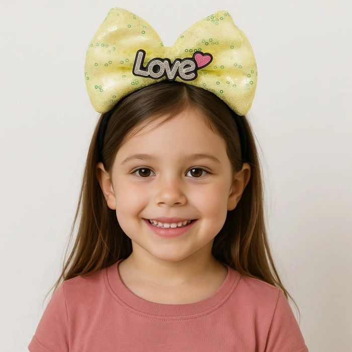 LED Işıklı Love Yazılı Sarı Fiyonk Taç – Kız Çocuk Parti Tacı (5365)