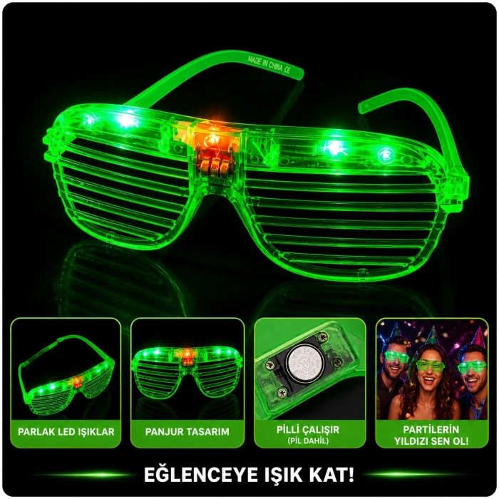LED Işıklı Panjur Parti Gözlüğü Yeşil Renk Shutter Gözlük (5365)