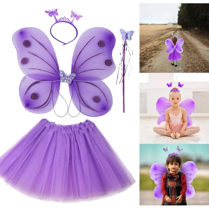 Lila Mor Kelebek Kostümü 4 Parça Set