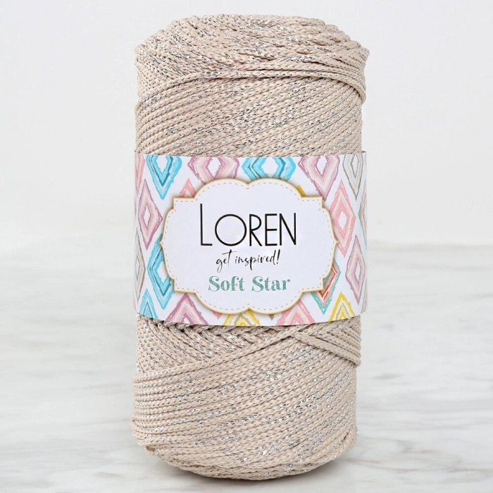 Loren Soft Star Makrome İpi Gümüş Simli Bej RM101