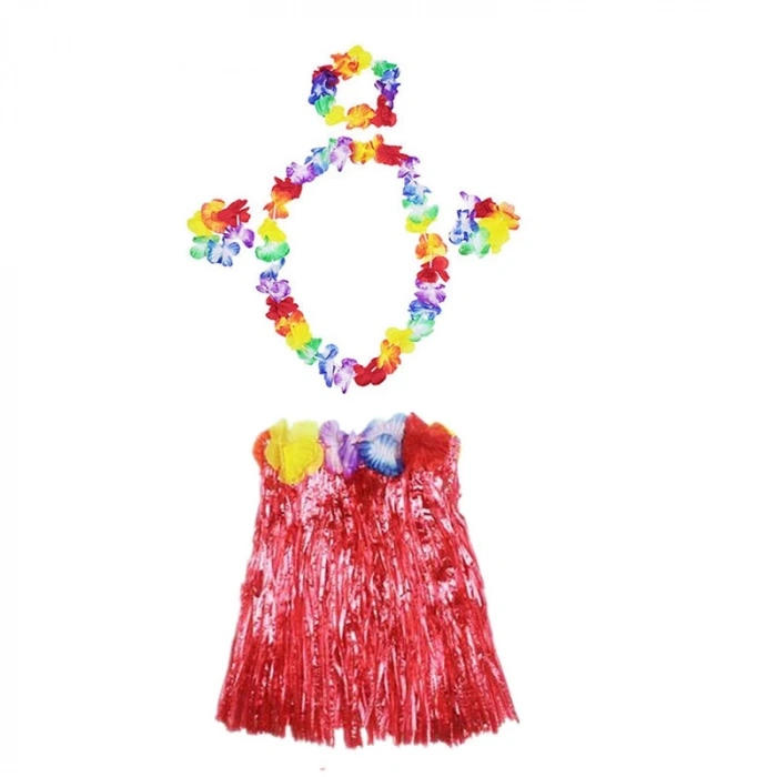 Luau Aloha Hawaii  Kolye Etek Taç ve Bileklik Seti Kırmızı (5365)