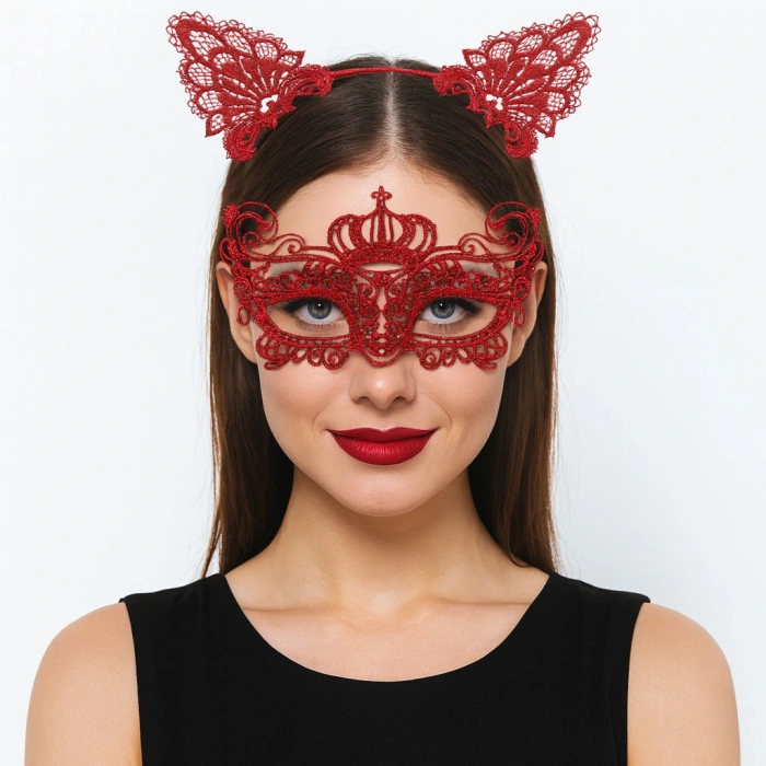 Luxury Red Lace Crowned Mask Set No. 2 - Party, Ball, Costume Accessory (5365)