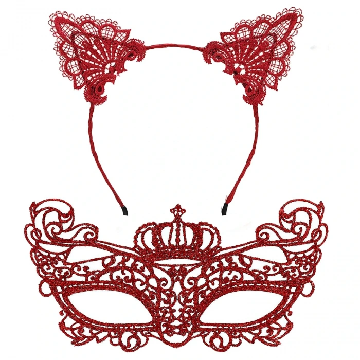 Luxury Red Lace Crowned Mask Set No. 2 - Party, Ball, Costume Accessory (5365)