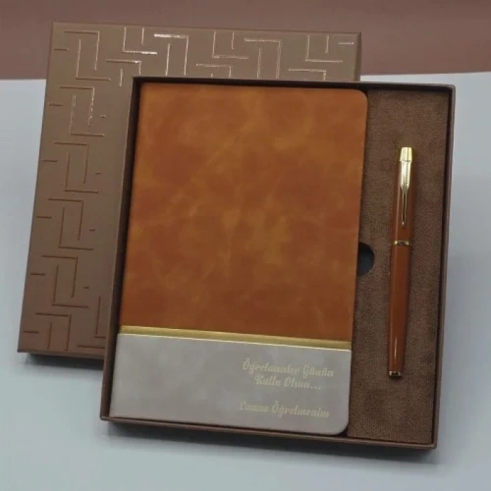 Lüks Öğretmene Hediye Seti Deri Defter Metal Kalem