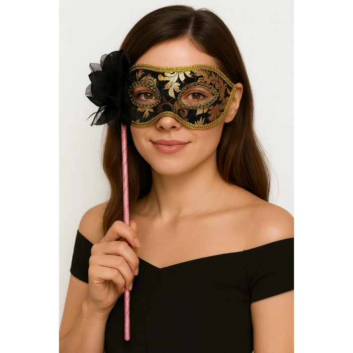 Lüks Taşlı Saplı Maskeli Balo Maskesi Siyah Renk 35 cm (5365)
