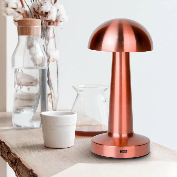 Mantar Model Bronz Renk Şarjlı Dokunmatik 3 Renkli LED Masa Lambası (5365)