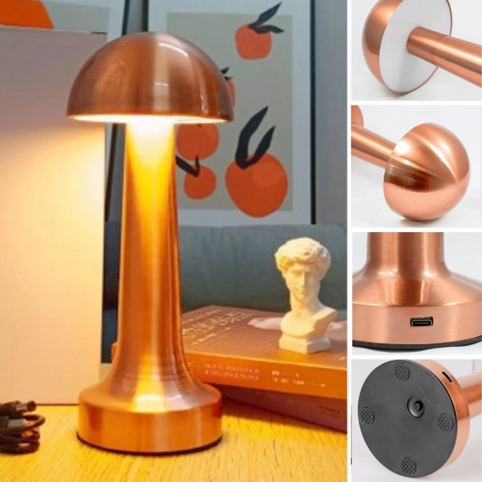 Mantar Model Bronz Renk Şarjlı Dokunmatik 3 Renkli LED Masa Lambası (5365)