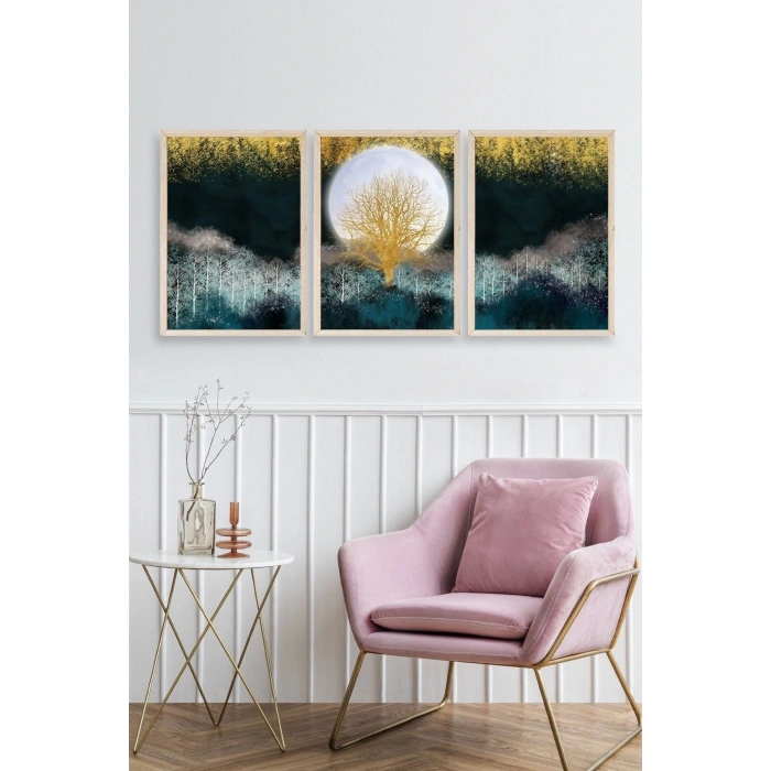 Manzara Üçlü Ahşap Çerçeveli Tablo 50 x 70