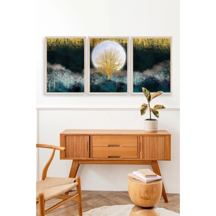 Manzara Üçlü Ahşap Çerçeveli Tablo 50 x 70