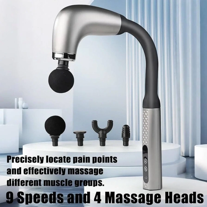 Masaj Çekici, 9 Hızlı Derin Doku Perküsyonu, 4 Başlıklı Uzun Saplı Boyun ve Sırt Masaj Aleti (5365)