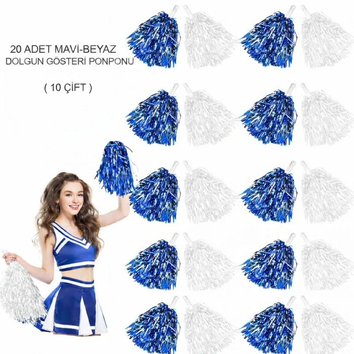 Blue White Metallic Voluminous Show Pom Pom 20 Pieces (10 Pairs) (5365)