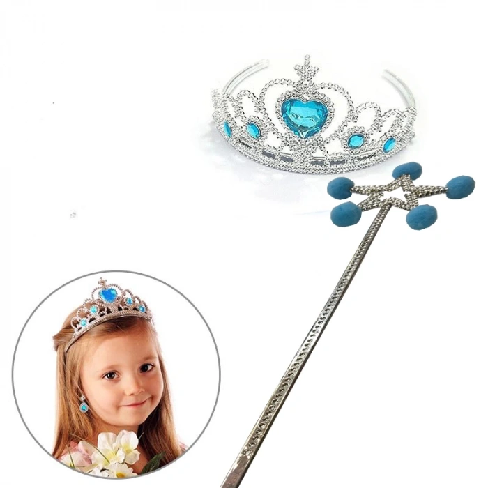 Mavi Ponponlu Karlar Ülkesi Elsa Asası ve Mavi Kalp Taşlı Elsa Tacı (5365)