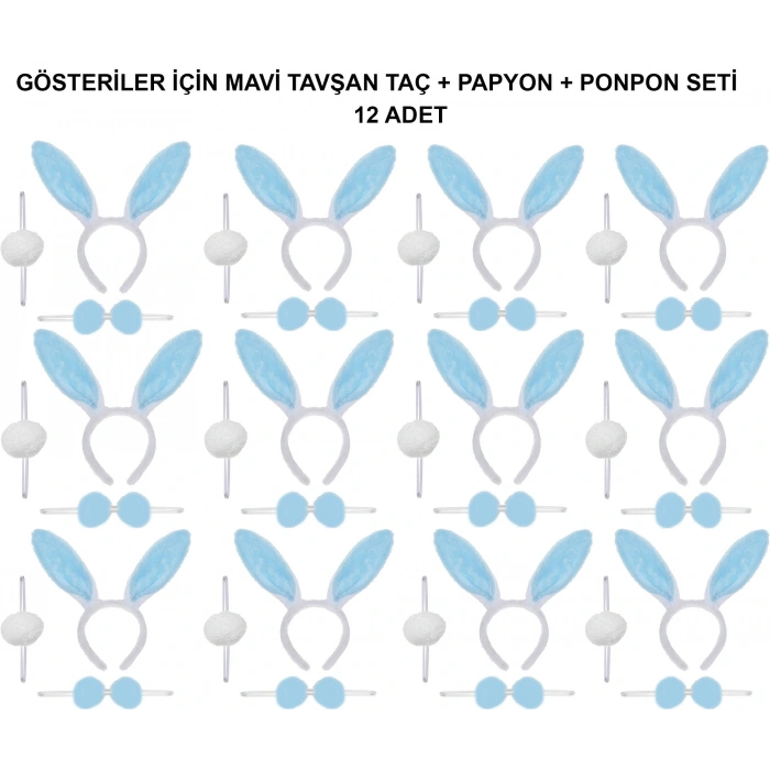 Mavi Tavşan Kostüm Seti – Taç, Papyon, Ponpon (12’li Paket) (5365)