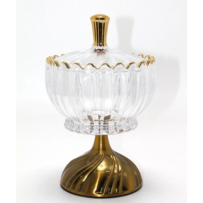 Metal Ayaklı Kristal Cam Şekerlik Gold Detaylı Sunumluk