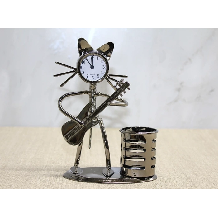 Metal Gitar Çalan Müzisyen Kedi Saat Ve Kalemlik