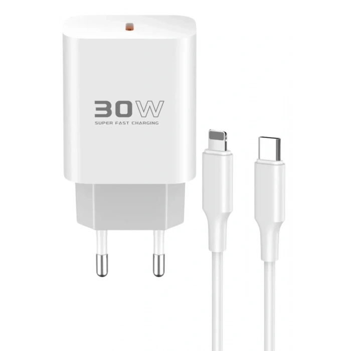 Mey İthalat®  C87C 30W Type-C Çıkışlı Ekstra DL50 1M Type-C to Lightning Kablolu PD Şarj Cihazı - Beyaz