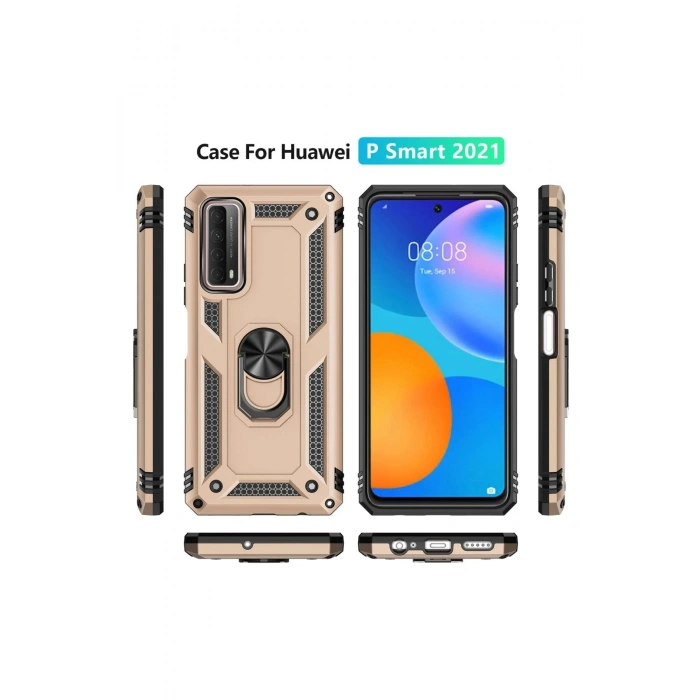 Durukar®  Huawei P Smart 2021 Kılıf Sofya Yüzüklü Silikon Kapak - Gold