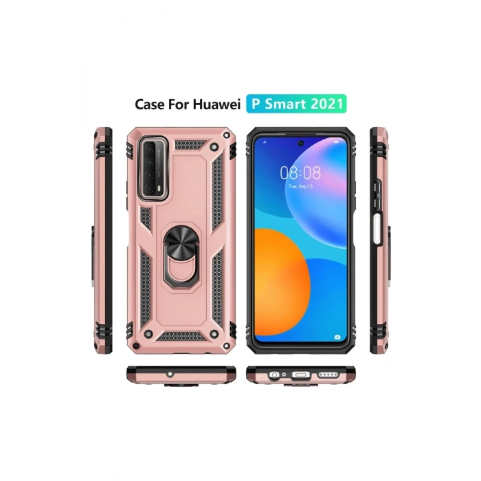 Durukar®  Huawei P Smart 2021 Kılıf Sofya Yüzüklü Silikon Kapak - Rose