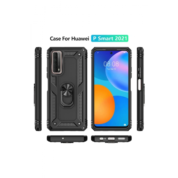 Durukar®  Huawei P Smart 2021 Kılıf Sofya Yüzüklü Silikon Kapak - Siyah