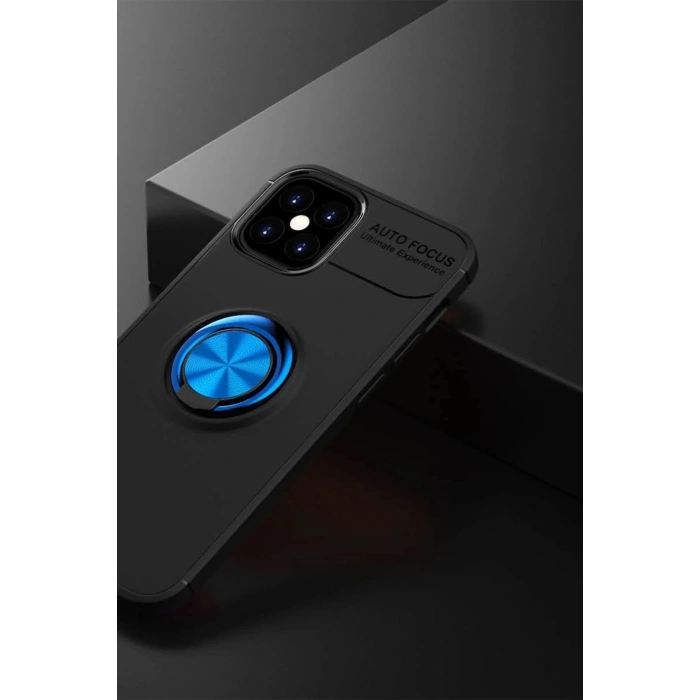 Mey İthalat®  iPhone 12 Mini Kılıf Range Yüzüklü Silikon - Siyah-Mavi