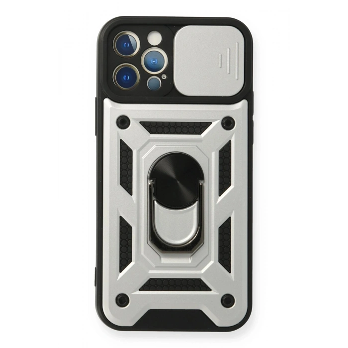 Durukar®  iPhone 12 Pro Kılıf Pars Lens Yüzüklü Silikon - Gümüş