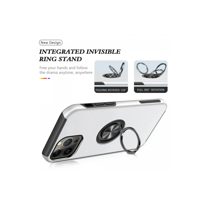 Durukar®  iPhone 13 Pro Kılıf Elit Yüzüklü Kapak - Gümüş