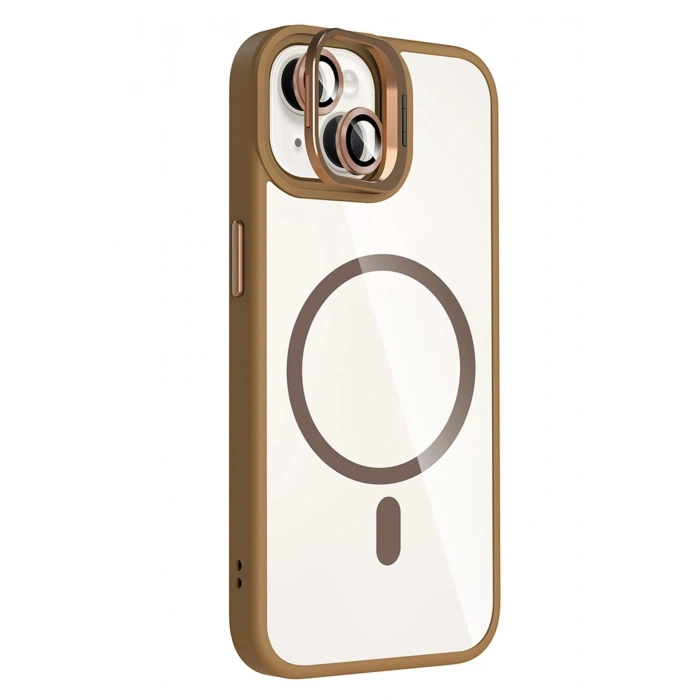 Durukar®   iPhone 15 Plus Remim Lensli Magsafe Standlı Kapak - Kahverengi