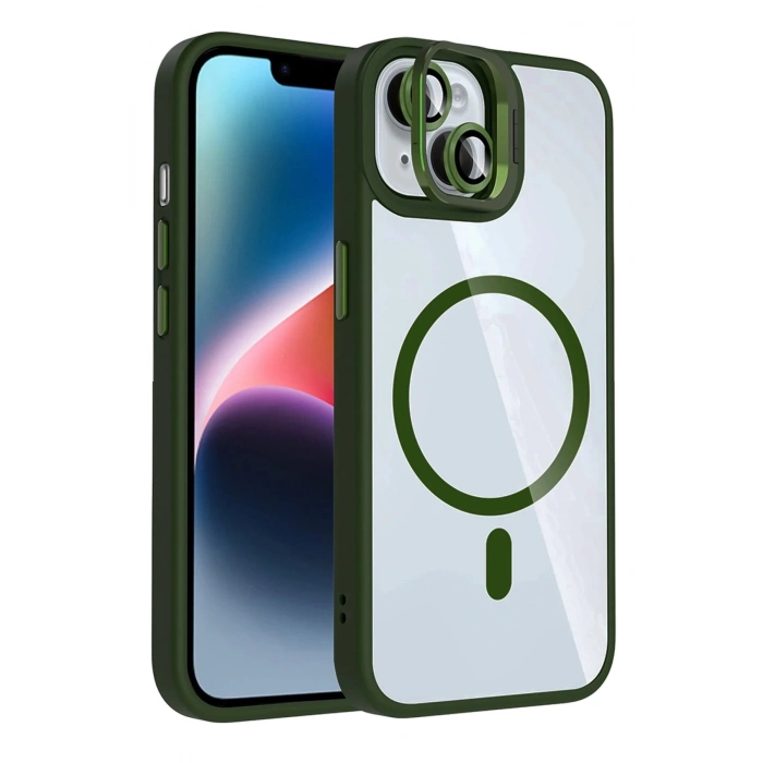Durukar®   iPhone 15 Plus Remim Lensli Magsafe Standlı Kapak - Koyu Yeşil