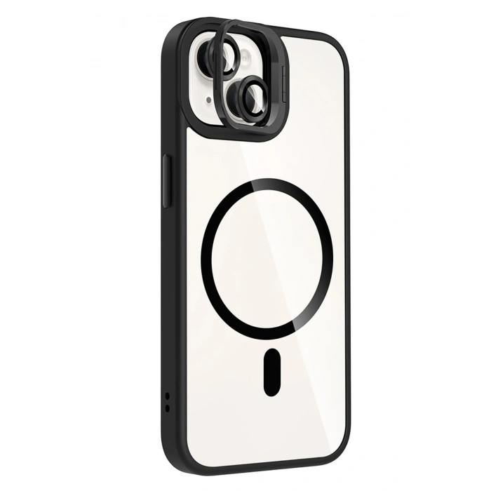 Durukar®   iPhone 15 Plus Remim Lensli Magsafe Standlı Kapak - Siyah