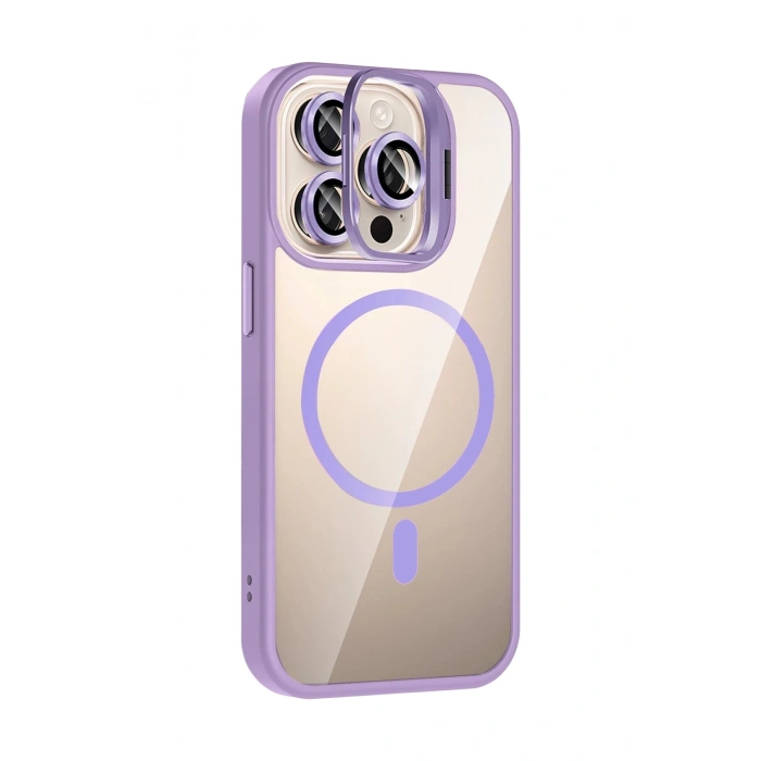 Durukar®   iPhone 15 Pro Max Remim Lensli Magsafe Standlı Kapak - Lila