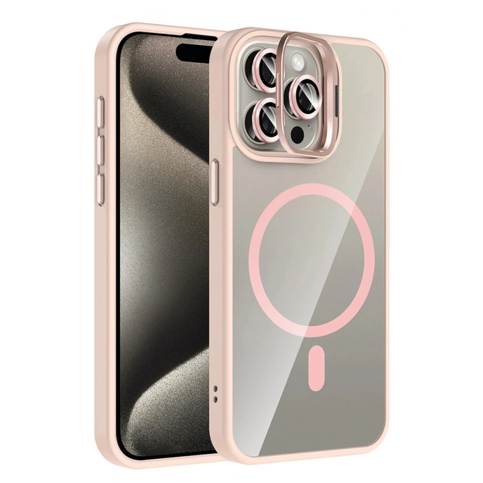 Durukar®   iPhone 15 Pro Max Remim Lensli Magsafe Standlı Kapak - Pembe