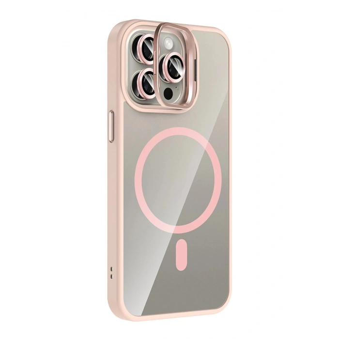 Durukar®   iPhone 15 Pro Max Remim Lensli Magsafe Standlı Kapak - Pembe