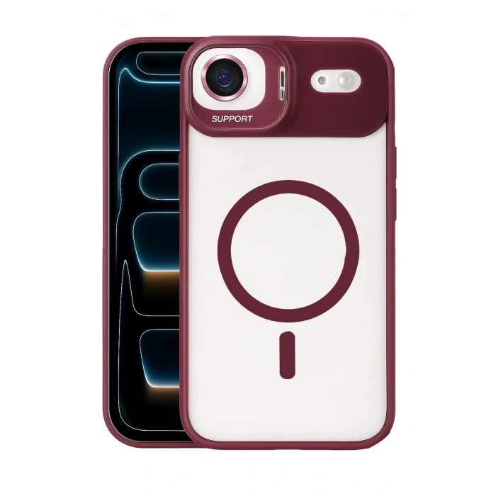 Durukar®   iPhone 17 Air Remim Lensli Magsafe Standlı Kapak - Bordo