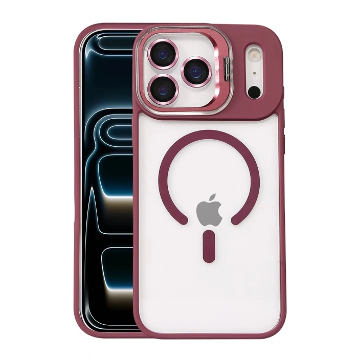 Durukar®   iPhone 17 Pro Remim Lensli Magsafe Standlı Kapak - Bordo