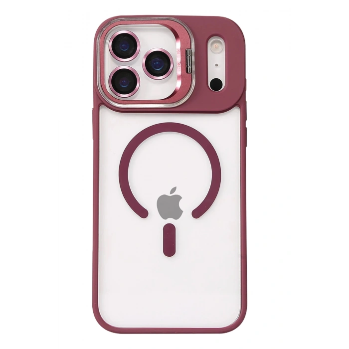 Durukar®   iPhone 17 Pro Remim Lensli Magsafe Standlı Kapak - Bordo