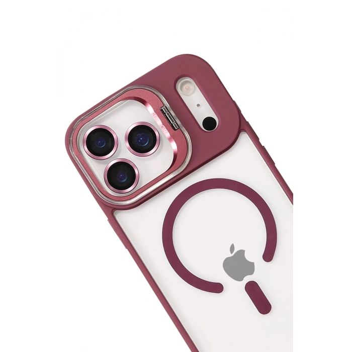 Durukar®   iPhone 17 Pro Remim Lensli Magsafe Standlı Kapak - Bordo