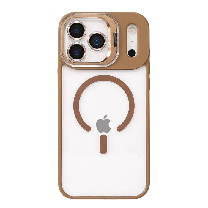 Durukar®   iPhone 17 Pro Remim Lensli Magsafe Standlı Kapak - Kahverengi