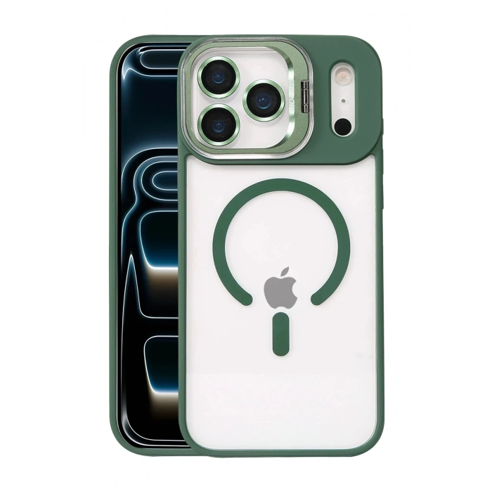 Durukar®   iPhone 17 Pro Remim Lensli Magsafe Standlı Kapak - Koyu Yeşil