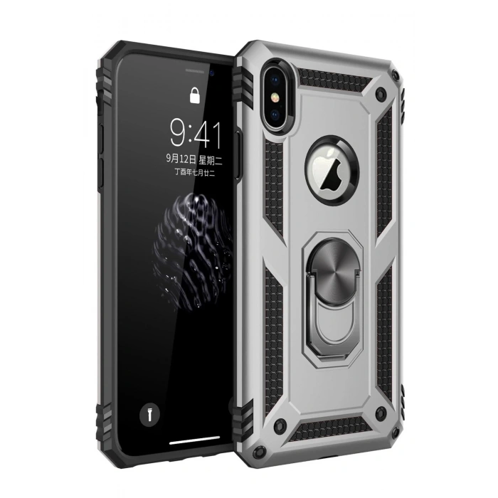 Durukar®  iPhone X Kılıf Sofya Yüzüklü Silikon Kapak - Gümüş