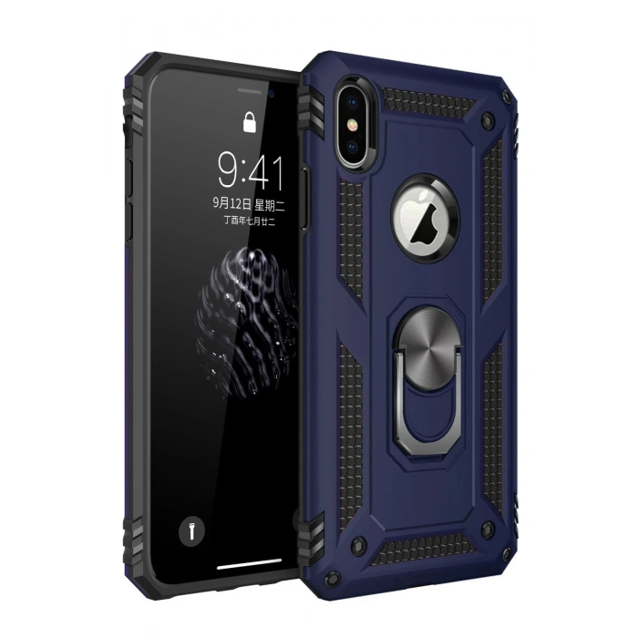 Durukar®  iPhone X Kılıf Sofya Yüzüklü Silikon Kapak - Lacivert